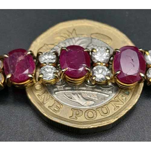 53 - A vintage, 9 K yellow gold necklace loaded with oval cut natural rubies and round cut diamonds. Leng... 