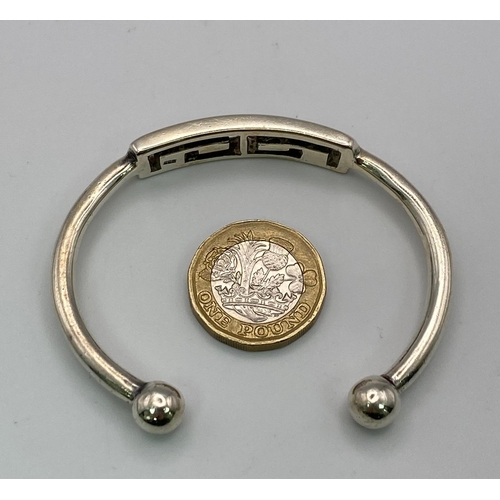 542 - A Vintage Heavy Greek Design Ball End Sterling Silver Bracelet. 6cm Inner Width, 29.14 Grams.