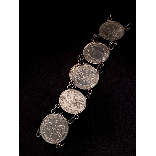 1109 - A Pre-1920 Sterling Silver Coins Bracelet 18.5cm Length, Weight 16.29 Grams