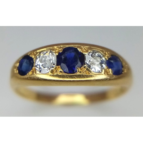 15 - A Vintage 18K Yellow Gold Diamond and Sapphire Five-Stone Ring. Size M. 3.3g total weight.