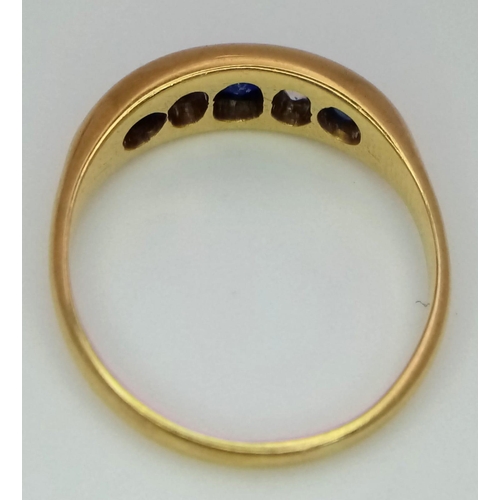 15 - A Vintage 18K Yellow Gold Diamond and Sapphire Five-Stone Ring. Size M. 3.3g total weight.