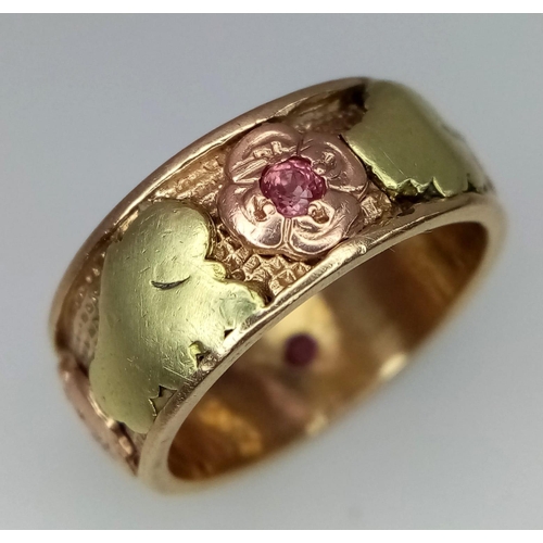 248 - A Vintage 14K Yellow and Rose Gold (tested) Ruby Ring. Four rubies reside in rose gold floral settin... 