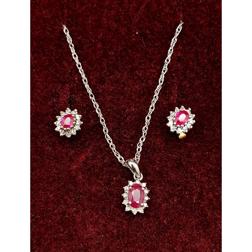 274 - A Matching 9 Carat Gold Ruby and Diamond Earring Set. Necklace 46cm Length White Gold Chain, Pendant... 