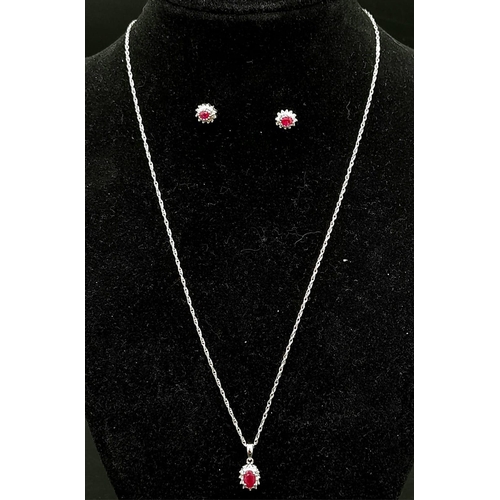 274 - A Matching 9 Carat Gold Ruby and Diamond Earring Set. Necklace 46cm Length White Gold Chain, Pendant... 