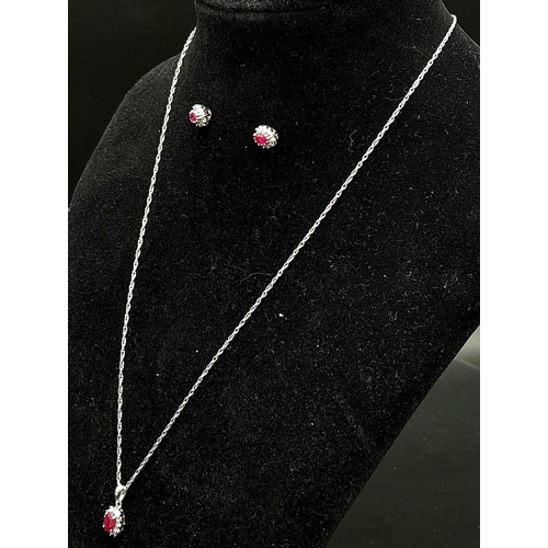 274 - A Matching 9 Carat Gold Ruby and Diamond Earring Set. Necklace 46cm Length White Gold Chain, Pendant... 