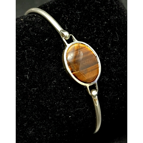 515 - A Vintage Silver Tigers Eye Bracelet stamped Gucci and 800 Silver. 6cm Inner Width, Set with Oval Cu... 