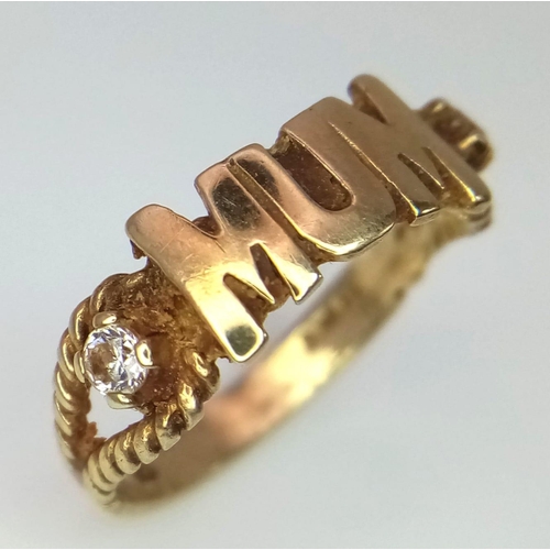 761 - A 9K Yellow Gold MUM Ring with White Stone Decoration. Size L. 2.4g weight.