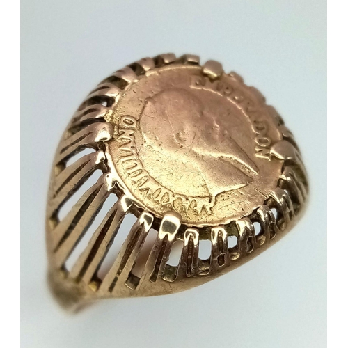 740 - A Vintage 9K Yellow Gold Coin Ring. Size L. 2.11g weight.