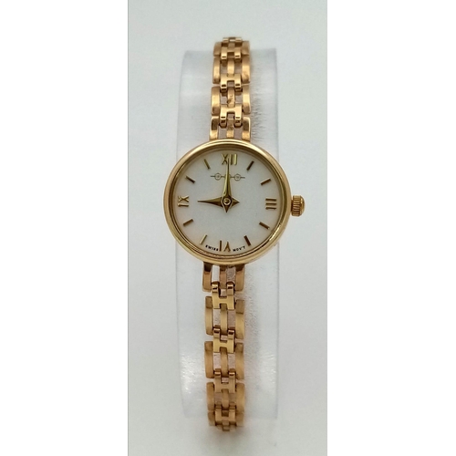 812 - A W.H.WILMOTT OF BIRMINGHAM LADIES 9K GOLD WATCH WITH SOLID GOLD STRAP , WHITE DIAL AND SWISS MOVEME... 