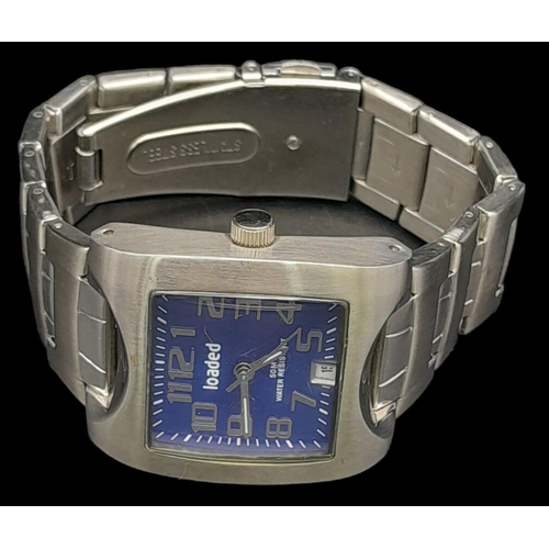 1090 - Very Good Condition Square Face Stainless Steel Quartz Watch by Loaded. 50m Water Resistance 36mm In... 