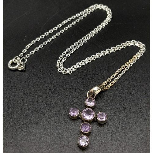 1158 - A Six Stone Amethyst Cross Pendant with a 20cm Necklace, Both Hallmarked for 925 Silver. Pendant len... 