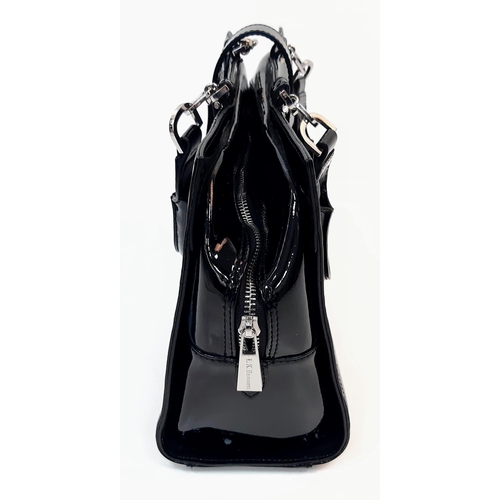 654 - An L.K. Bennett Black Patent Leather Twin Handle Zip Bag. Complete with Dust Cover. 34x12x21cm.