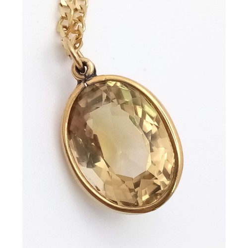 1124 - A Vintage 9 Carat Gold Citrine Set Pendant Necklace 40cm Length. Set with Oval Cut Citrine measuring... 