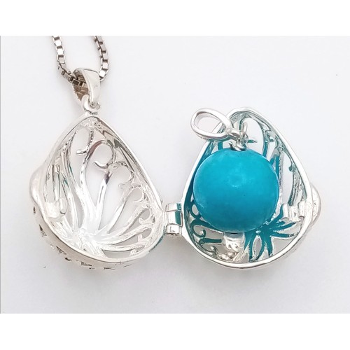 968 - A New Sterling Silver and Turquoise Filigree Cage Pendant Necklace. 84cm Sterling Silver Box Chain, ... 