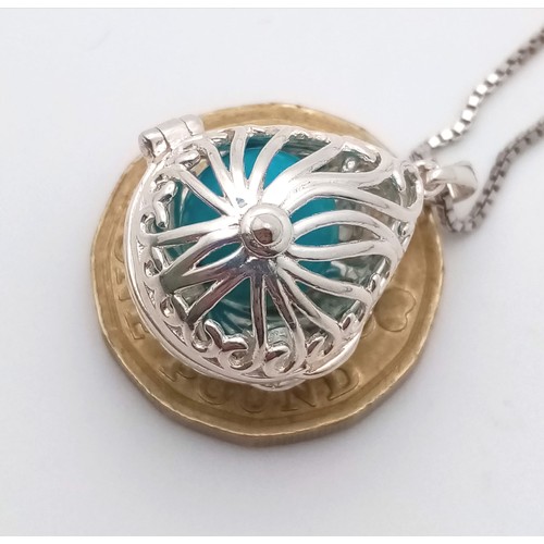 968 - A New Sterling Silver and Turquoise Filigree Cage Pendant Necklace. 84cm Sterling Silver Box Chain, ... 