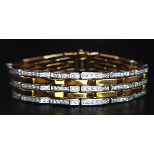 142 - A Beautiful Italian Designed Chimento 18K Gold and Diamond Bar Bracelet. Three rows of diamond bars ... 