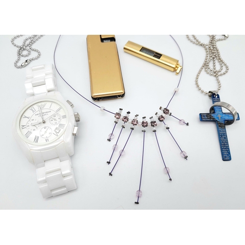 1089 - Eclectic selection of items featuring a wide variety of goods.
Includes, 'T' keychain, Necklace, Dig... 