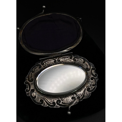 430 - A Wonderful Antique Cloth and Hallmarked Silver Purse. Repousse decorative lid flap with mirror plus... 