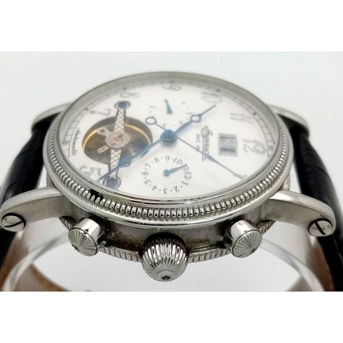 811 - An Ingersoll Chronograph Gents Watch. Black leather strap. Stainless steel case - 43mm. White dial w... 