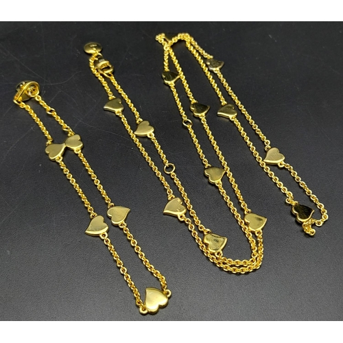 814 - Unworn Sterling Silver Yellow Gold Gilt Matching Heart Necklace and Bracelet Set. 66 & 2cm Lengths. ... 