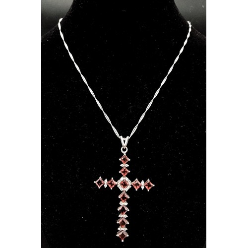 1123 - An Unworn Sterling Silver Multi-Gemstone Set Cross Pendant Necklace 46cm Length. Cross Measures 5.5c... 