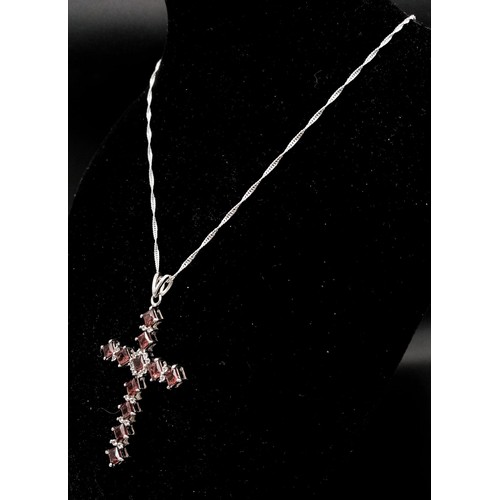 1123 - An Unworn Sterling Silver Multi-Gemstone Set Cross Pendant Necklace 46cm Length. Cross Measures 5.5c... 