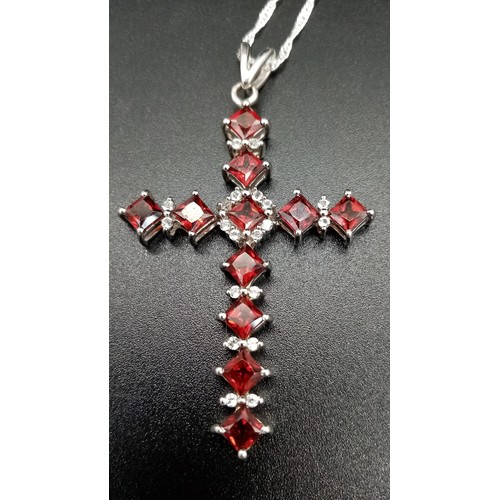 1123 - An Unworn Sterling Silver Multi-Gemstone Set Cross Pendant Necklace 46cm Length. Cross Measures 5.5c... 