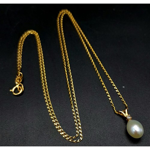 584 - An Unworn 9 Carat Yellow Gold Pearl and Diamond Set Necklace & Matching Earrings. 46cm Length Chain,... 