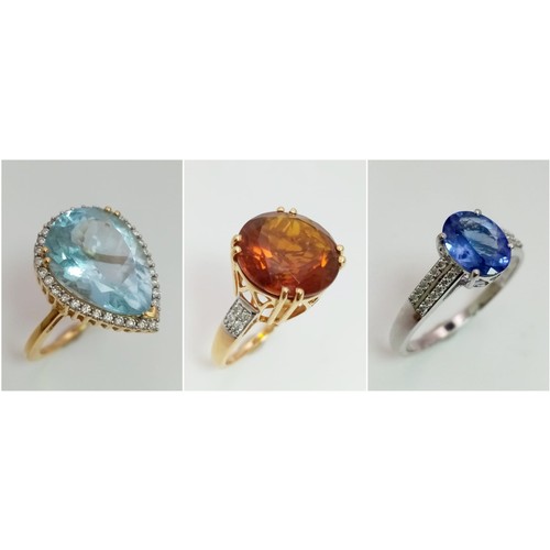 179 - Three 18 K gold rings, one with an oval cut tanzanite and diamonds on the shoulders, size: S, one wi... 