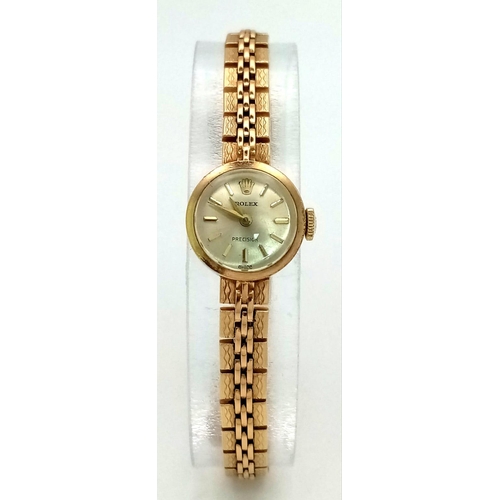 52 - A 1960 9K Gold Rolex Precision Ladies Watch. Original Rolex 9K gold bracelet. 9K gold case - 15mm. G... 