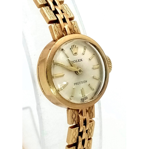 52 - A 1960 9K Gold Rolex Precision Ladies Watch. Original Rolex 9K gold bracelet. 9K gold case - 15mm. G... 