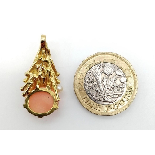 38 - An 18K Yellow Gold (tested) Sea-Burst Coral and Pearl Pendant. A beautiful oval coral splashed with ... 