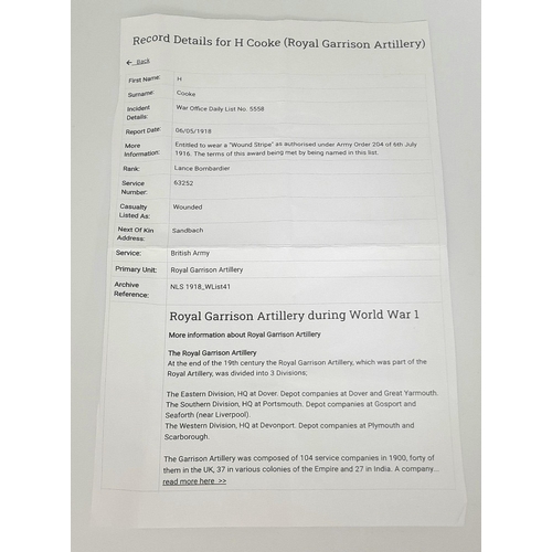 593 - WW1 British Medal Duo, Wound Stripe and Photograph awarded to: 63252 Bombardier H. Cooke Royal
Artil... 