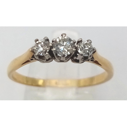 228 - An 18k yellow gold diamond and pearl ring. 2.4g total weight.  size L 1/2 (pearls: 2mm/dia:0.01ct).