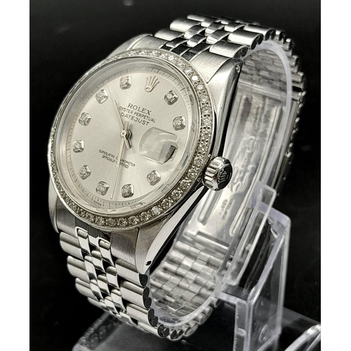 29 - A Rolex Oyster Perpetual Diamond Bezel Datejust Watch. Stainless steel bracelet and case - 36mm. Dia... 