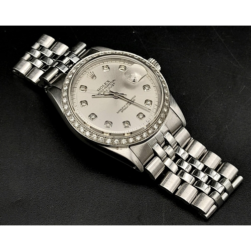 29 - A Rolex Oyster Perpetual Diamond Bezel Datejust Watch. Stainless steel bracelet and case - 36mm. Dia... 