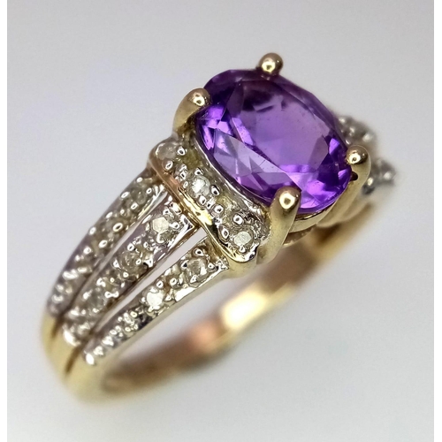 570 - A 9K YELLOW GOLD DIAMOND & AMETHYST SET RING. Size N, 3g total weight.