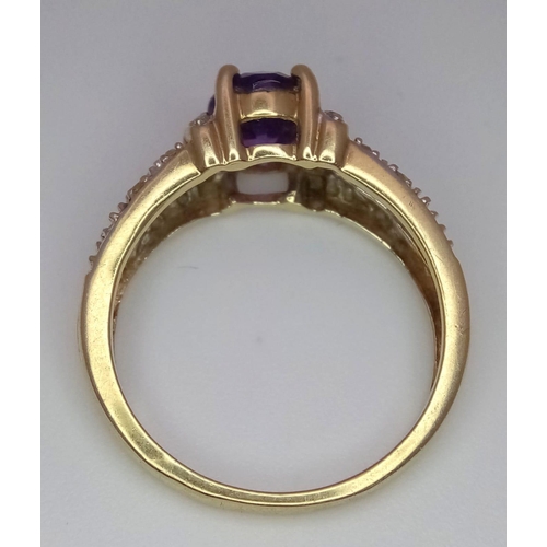 570 - A 9K YELLOW GOLD DIAMOND & AMETHYST SET RING. Size N, 3g total weight.
