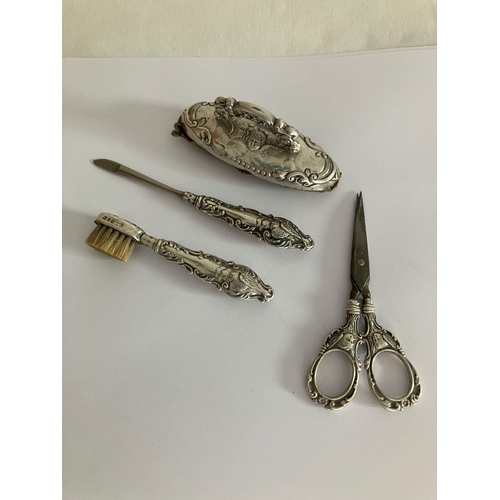580 - Ladies antique SILVER HANDLED MANICURE/GROOMING set, together with a pair of SILVER  handled scissor... 