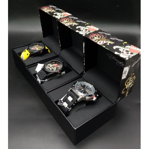 727 - Three Excellent Condition Ed Hardy Skull Watches. All with tags and boxed - two in need of a battery... 