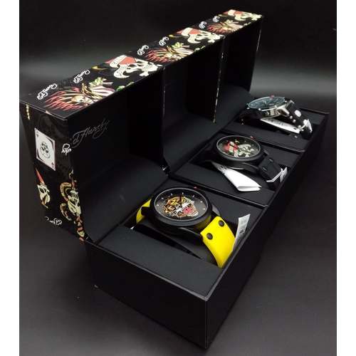 727 - Three Excellent Condition Ed Hardy Skull Watches. All with tags and boxed - two in need of a battery... 