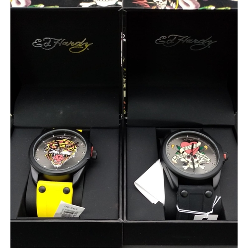 727 - Three Excellent Condition Ed Hardy Skull Watches. All with tags and boxed - two in need of a battery... 