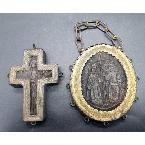 111 - TWO antique, Meta Byzantine, Greek Orthodox, Episcopal, Religious pectoral pendants. One oval and on... 