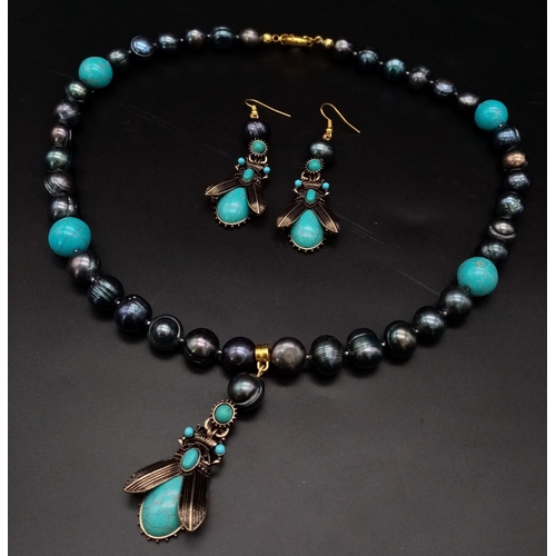 160 - A very unusual large, natural, Tahitian black pearl and turquoise necklace and earrings set, reminis... 