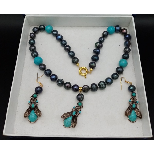 160 - A very unusual large, natural, Tahitian black pearl and turquoise necklace and earrings set, reminis... 