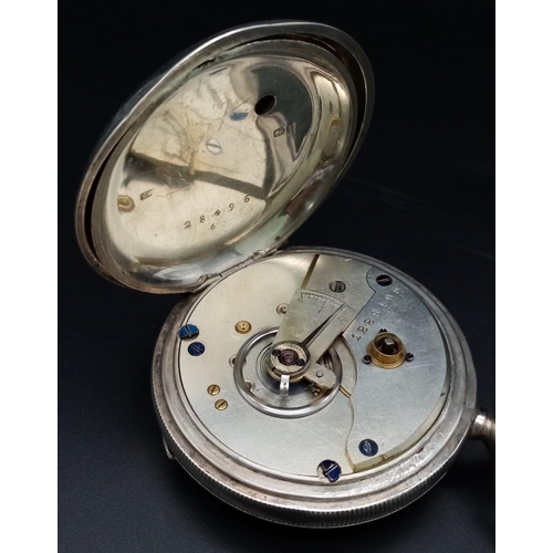 474 - An Antique 925 Silver Pocket Watch. Key wind (supplied) with lever escapement. White dial with sub d... 