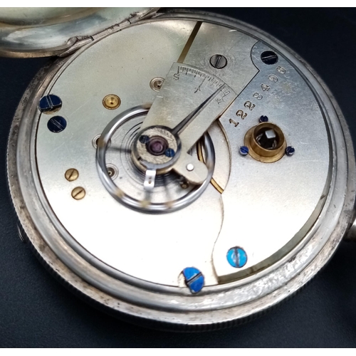 474 - An Antique 925 Silver Pocket Watch. Key wind (supplied) with lever escapement. White dial with sub d... 