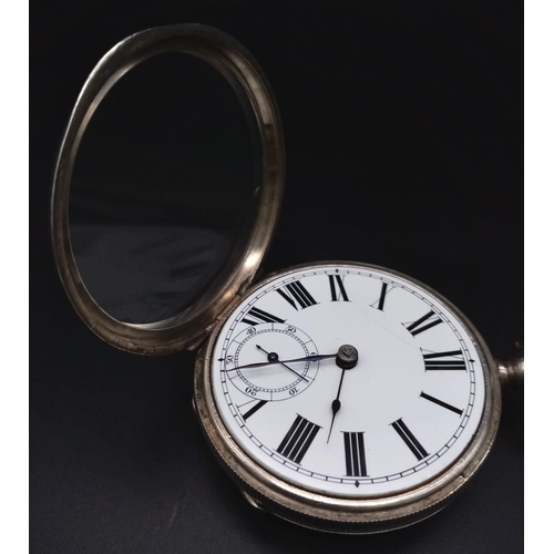 474 - An Antique 925 Silver Pocket Watch. Key wind (supplied) with lever escapement. White dial with sub d... 