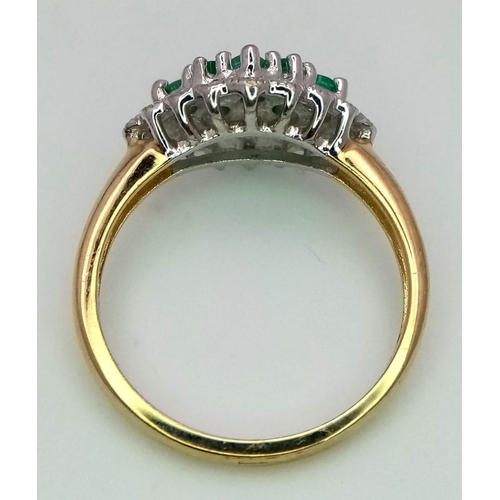 585 - A 9K Yellow Gold Vintage-Style Emerald and Diamond Lozenge-Shaped Cluster Ring. Emeralds - 0.28ctw. ... 