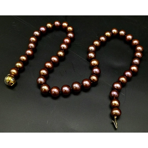 649 - A Purple/Brown Freshwater Pearl Necklace with a 9K yellow and white gold swirl design clasp. 42cm le... 